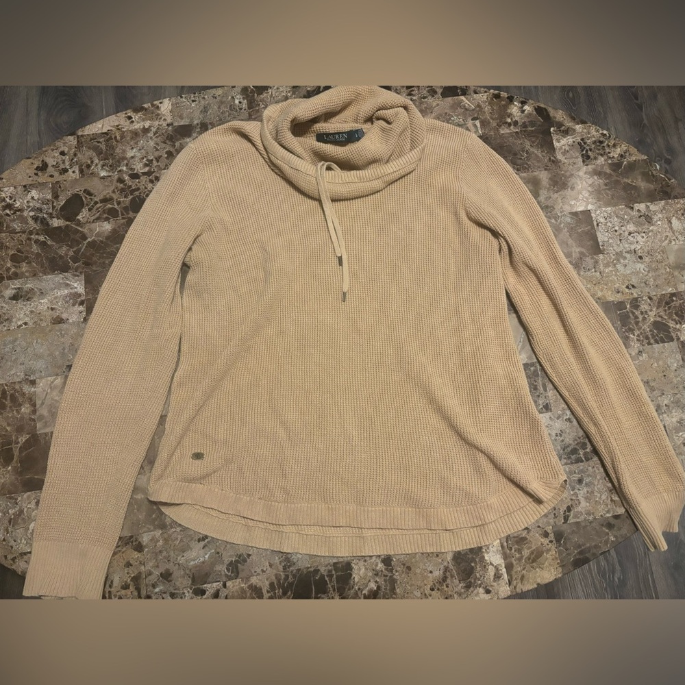 Ralph Lauren Top Womens Size Large Tan Waffle Knit Cowl Neck Long Sleeve